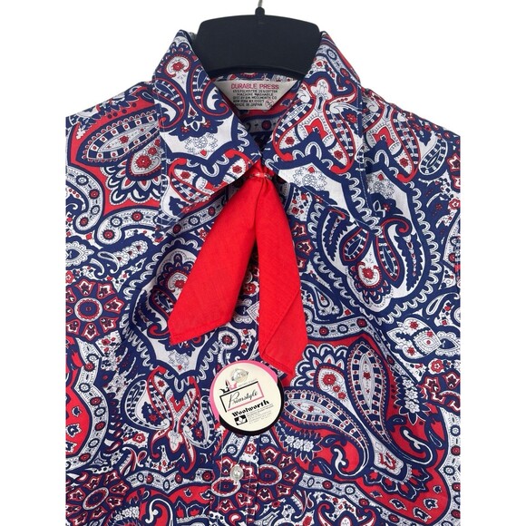VTG 60s Woolworth Primstyle Blouse NWT Red White Blue Paisley Made in Japan M - Picture 2 of 12